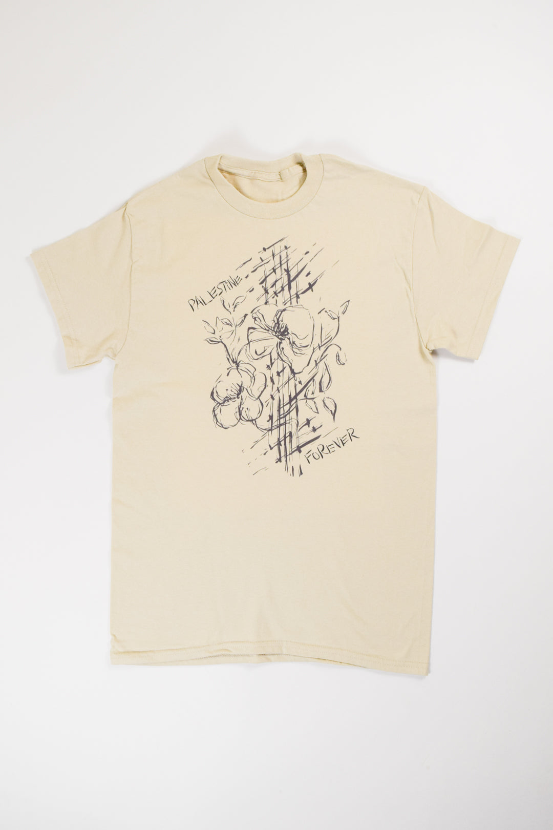 Black or Red and Green designs of poppies, olive trees, and keffiyeh print with "Palestine Forever" written on the front.
