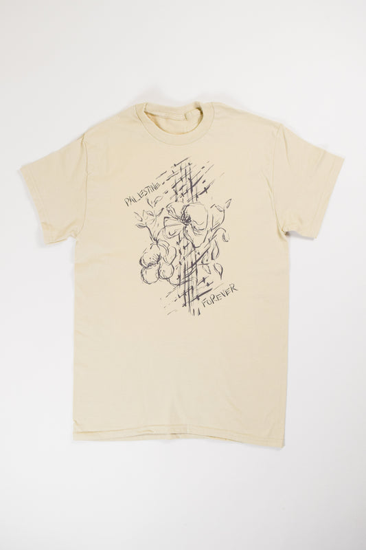 Black or Red and Green designs of poppies, olive trees, and keffiyeh print with "Palestine Forever" written on the front.