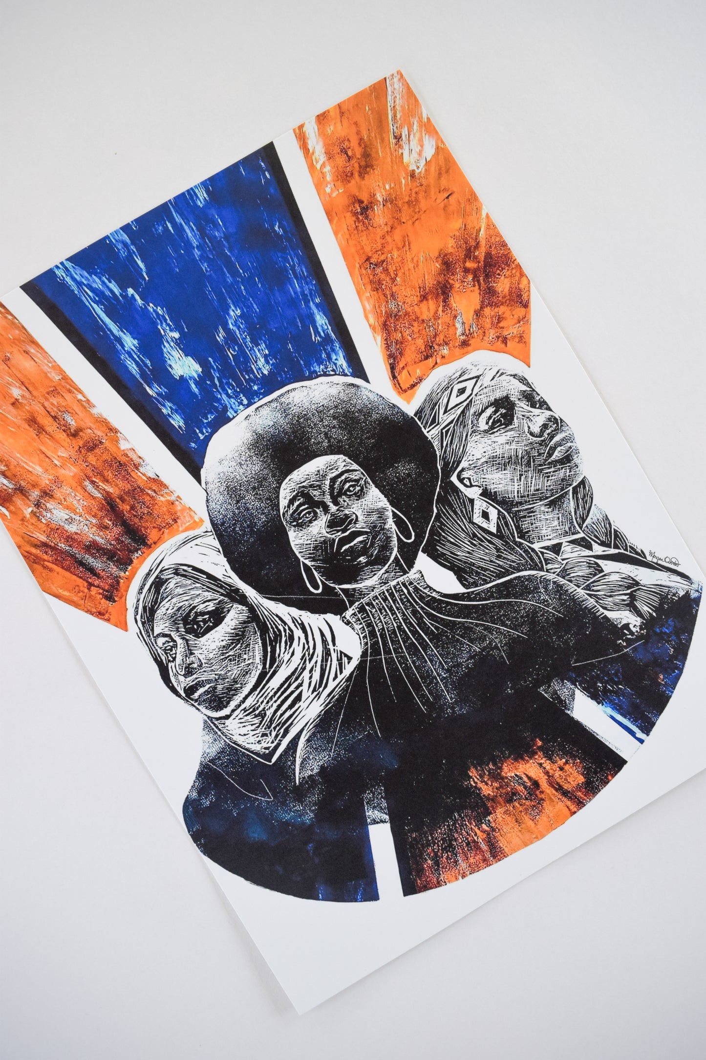 The Bound Together print features a Black woman in the center, a Native American woman on the right, and a Palestinian woman on the left. They are each bound by vibrant blues and orange colors surrounding them, signifying the connection of oppressive histories, but most importantly their collective fights for freedom. The title of this piece is an ode to Indigenous Australian activist, Lilla Watson’s quote, “…If you have come because your liberation is bound up with mine, then let us work together.”