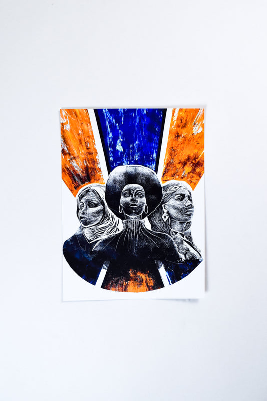 The Bound Together print features a Black woman in the center, a Native American woman on the right, and a Palestinian woman on the left. They are each bound by vibrant blues and orange colors surrounding them, signifying the connection of oppressive histories, but most importantly their collective fights for freedom. The title of this piece is an ode to Indigenous Australian activist, Lilla Watson’s quote, “…If you have come because your liberation is bound up with mine, then let us work together.”