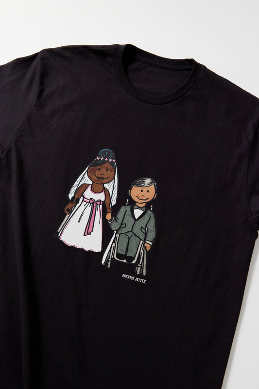 Drawing of Patrice, a black disabled woman using an arm crutch wearing a white wedding gown standing next to her partner Garry, a white disabled man seated in his manual wheelchair wearing a grey suit. They are both holding hands and smiling.