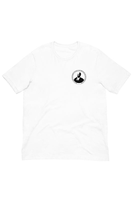 The shirt has our logo over the heart, featuring a black/white image of W.E.B. Du Bois within a circle frame that names us as The W.E.B. Du Bois Movement School for Abolition & Reconstruction. On the back, it features our four guiding principles for our political education program: Internationalist. Intersectional. Participatory. Abolitionist. with nod to our project website at abolitionschool.org