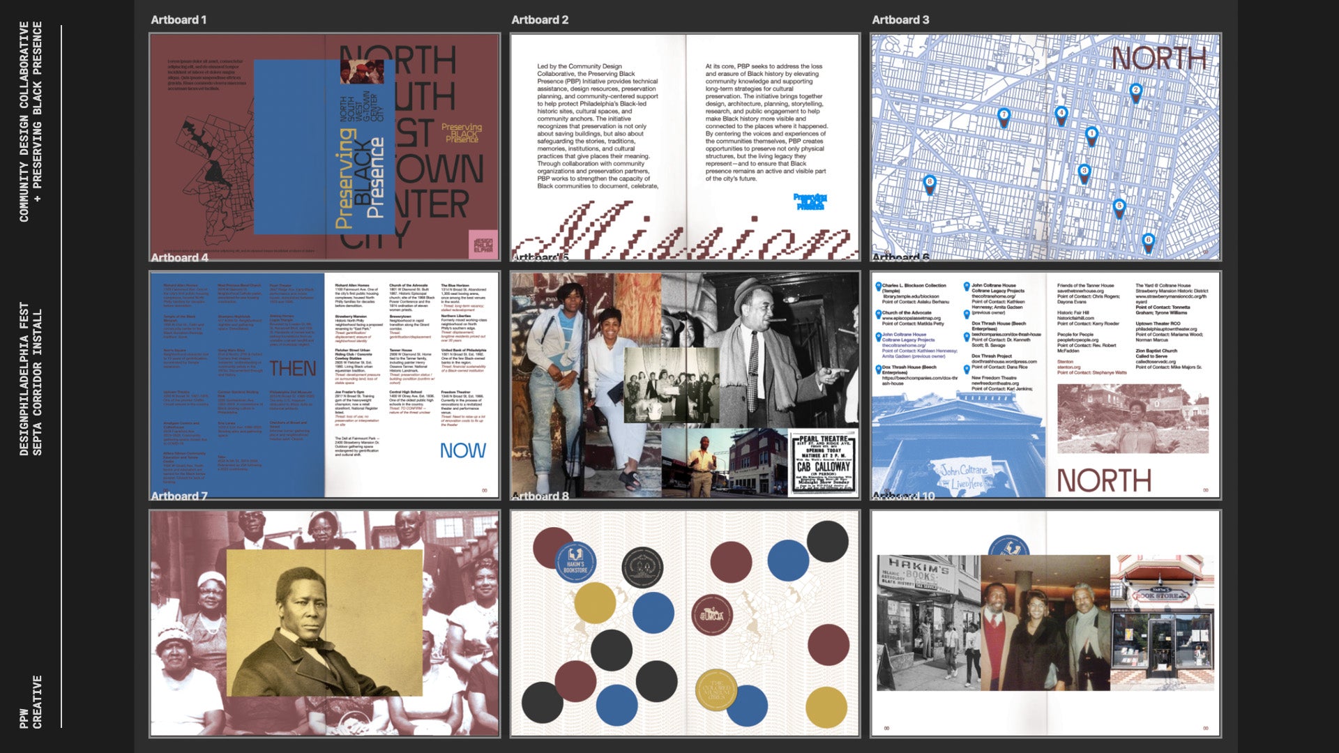 Preserving Black Presence exhibition design development showing editorial layouts, mapping, archival photography, and cohort information