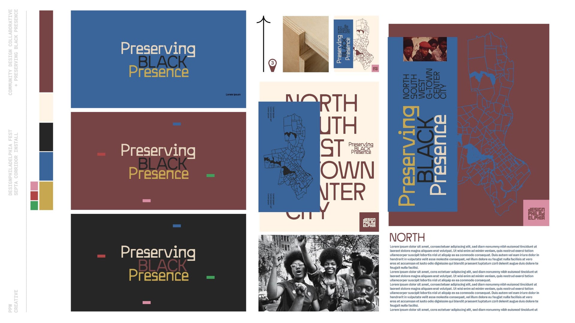 Preserving Black Presence visual identity development showing typography, color, mapping, and photography
